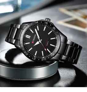 Detailed macro view of the CURREN 8452 men's black steel strap business quartz watch