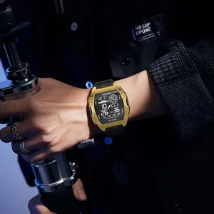 SMAEL men's digital sports watch featuring gold square case and LED display on model's wrist