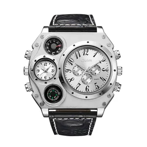 Oulm men's dual time zone quartz watch with large dial and black leather strap