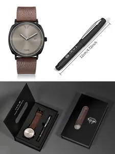 Minimalistisches TOMI Uhren- und Stift-Geschenkset mit braunem Lederband in Box.