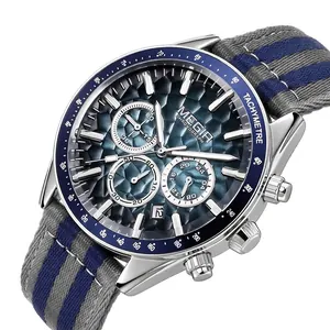 MEGIR Men Sport Quartz Watch Chronograph Luminous Tachymeter Alloy Case Canvas Strap Honeycomb Dial Date Wristwatch 8121