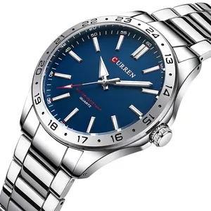 CURREN men's professional quartz watch with blue dial and silver stainless steel strap