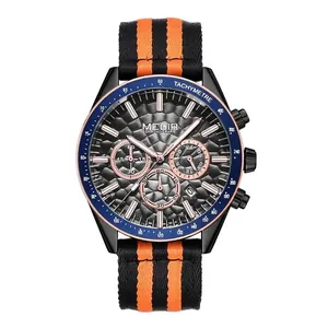 MEGIR Men's Sport Chronograph Watch with Honeycomb Textured Dial and Orange Nylon Strap