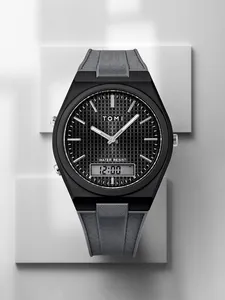 TOMI men's sports watch featuring a black grid dial and a grey textured silicone strap