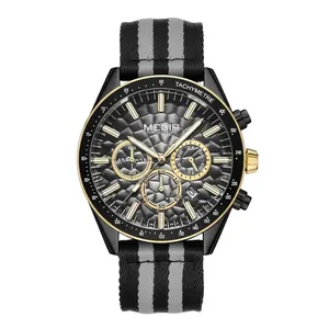 MEGIR men's sports quartz chronograph watch with honeycomb dial and striped nylon strap