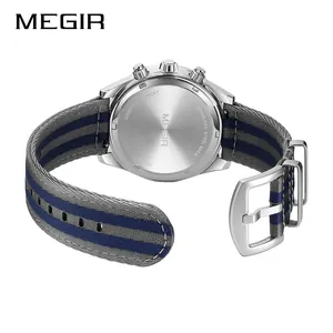 MEGIR men's sports quartz watch back view with striped blue and grey nylon strap