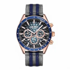 MEGIR men's quartz chronograph watch featuring a blue honeycomb dial and striped nylon strap