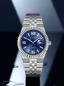 Elegante TOMI Herren Business-Armbanduhr aus Silber mit blauem Wabenmuster-Zifferblatt