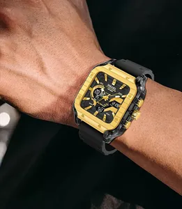 Close-up detail view of SMAEL men's square gold sports watch with dual analog digital display