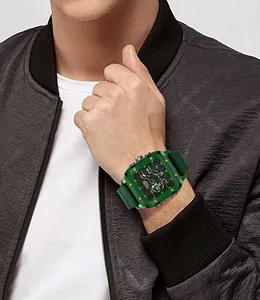 Detailed view of SMAEL men's green square sports watch worn with a trendy jacket