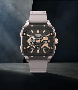 SMAEL men's rugged square sports watch featuring dual display quartz electronic movement