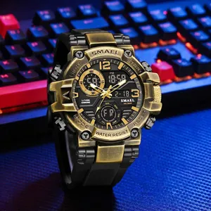 SMAEL rugged men's sports watch with gold finish dual display and waterproof functions