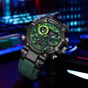 SMAEL men's sports watch with green dual display and water resistant digital dial