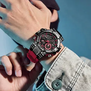Rugged SMAEL men's sports watch featuring a red silicone strap and dual display