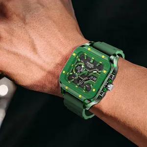 SMAEL men's square green sports watch with dual display and quartz movement outdoors
