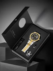 Elegantes TOMI Herrenuhr-Set mit gold-silbernem Edelstahlarmband in einer Geschenkbox