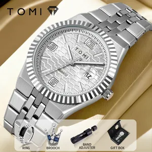 TOMI Silber Stahl Business Quarzuhr Set mit Ring Brosche und Luxus Geschenkbox