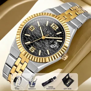TOMI Herren Business-Uhren-Set mit Edelstahlarmband und Zubehör in Geschenkbox