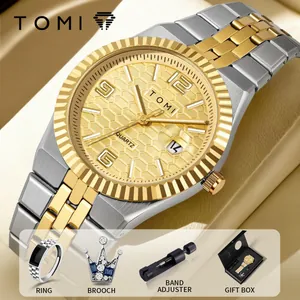 TOMI klassisches Business-Herrenuhr-Set wasserdicht mit Ring Brosche und Box