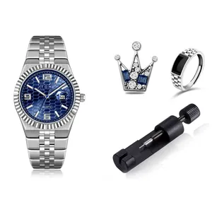 TOMI minimalistisches Herren-Business-Uhrenset mit blauem Zifferblatt und Stahlband.