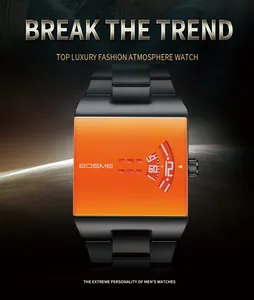 Montre à quartz pour homme avec cadran orange carré et bracelet en acier noir
