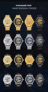 Multiple styles of T-winner skeleton mechanical watches with mesh and leather straps.