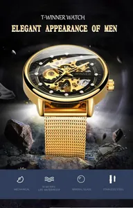 Detail view of T-winner men's skeleton mechanical watch with golden mesh band