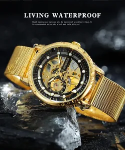 Close-up of T-winner gold skeleton watch with water droplets showing living waterproof feature