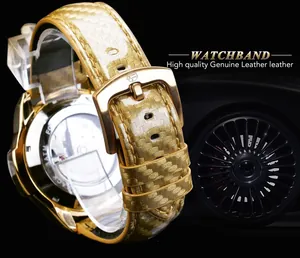 Detailansicht der Forsining Automatikuhr mit goldenem Lederarmband im Carbon-Muster