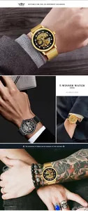 Lifestyle shots of T-WINNER skeleton mechanical watch with mesh and leather straps