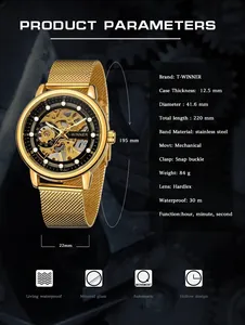 Detail view of T-winner gold mechanical watch highlighting technical product specifications