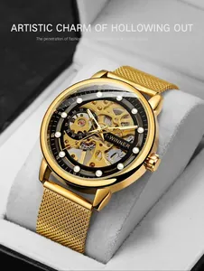 Close-up view of T-winner men's gold skeleton mechanical watch with stylish mesh metal strap