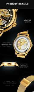 Close-up details of gold skeleton mechanical watch featuring transparent case back
