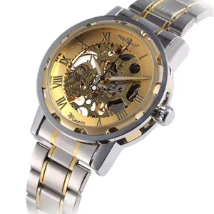 Detailansicht der WINNER Herren-Skelettuhr mit zweifarbigem Gold-Silber-Metallarmband