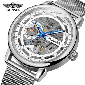 Macro view of T-winner men's skeleton mechanical watch featuring silver mesh strap and blue hands