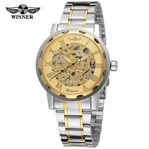 Detailansicht der Winner Herren-Skelettuhr mit zweifarbigem Gold- und Silbermetallarmband