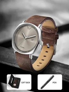 Elegantes TOMI Quarzuhr-Set mit braunem Lederarmband, Geschenkbox und Stift