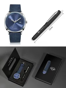 TOMI minimalistisches Quarzuhren-Geschenkset mit blauem Lederband und schwarzem Stift