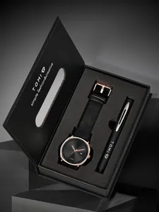 Luxuriöses TOMI Quarz-Armbanduhr und Stift Geschenkset in einer schwarzen Premium-Box