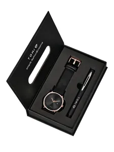 TOMI Luxus Mode Quarzuhr und Stift Geschenkset mit schwarzem Lederarmband