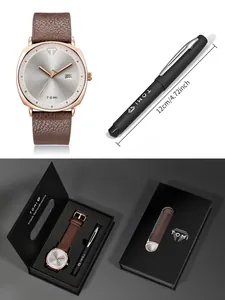 TOMI Herren-Geschenkset mit Uhr und Stift, braunes Lederarmband, roségoldenes Zifferblatt