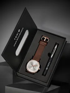 Nahaufnahme von TOMI Quarzuhr und Stift-Geschenkset in einer edlen schwarzen Box