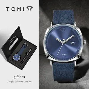 Professionelles TOMI minimalistisches Quarzuhr-Set mit blauem Lederband und eleganter Geschenkbox