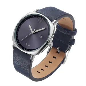 Minimalistische TOMI Quarzuhr mit blauem Lederarmband und elegantem Silbergehäuse