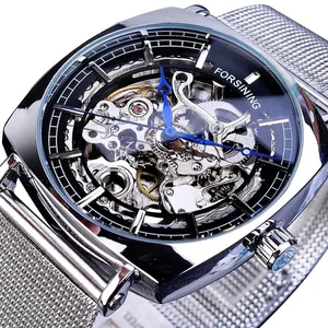 Forsining Herren Automatische Mechanische Uhr Skelett Zifferblatt Edelstahl Mesh Armband Wasserdichte Business Mode Armbanduhr