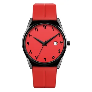 Herren-Quarzuhr mit rotem Zifferblatt, schwarzen arabischen Ziffern und Silikonarmband