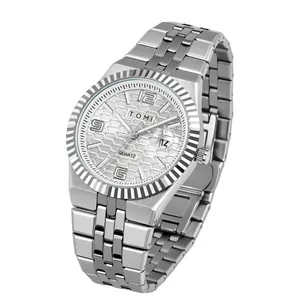 TOMI Luxus Herren Quarzuhr Waben Zifferblatt Edelstahl Mesh Armband Business Armbanduhr Geriffelte Lünette Datumsanzeige Geschenkbox Set