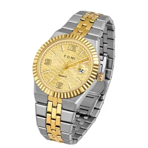 TOMI Herren-Luxus-Quarzuhr mit goldener geriffelter Lünette und zweifarbigem Armband