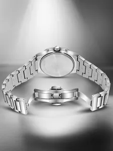 Detailed back view of TOMI men's silver business watch featuring an open butterfly clasp.
