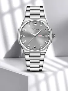 Front detail of Tomi men's quartz watch featuring diamond markers and silver steel strap
